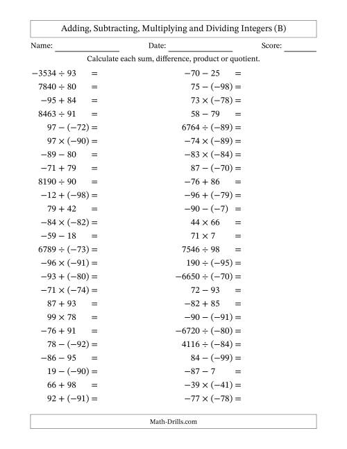 The All Operations with Integers (Range -99 to 99) with Negative Integers in Parentheses (B) Math Worksheet