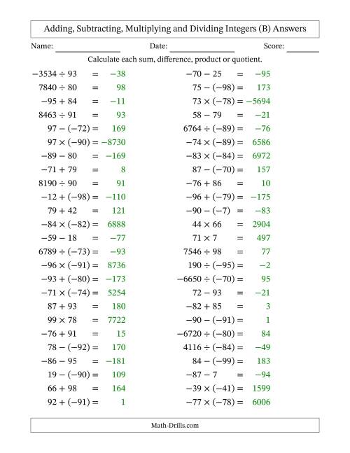 The All Operations with Integers (Range -99 to 99) with Negative Integers in Parentheses (B) Math Worksheet Page 2