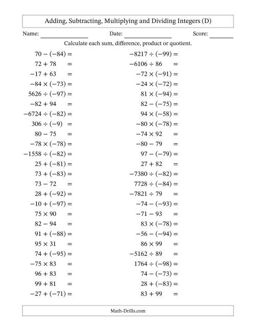 The All Operations with Integers (Range -99 to 99) with Negative Integers in Parentheses (D) Math Worksheet