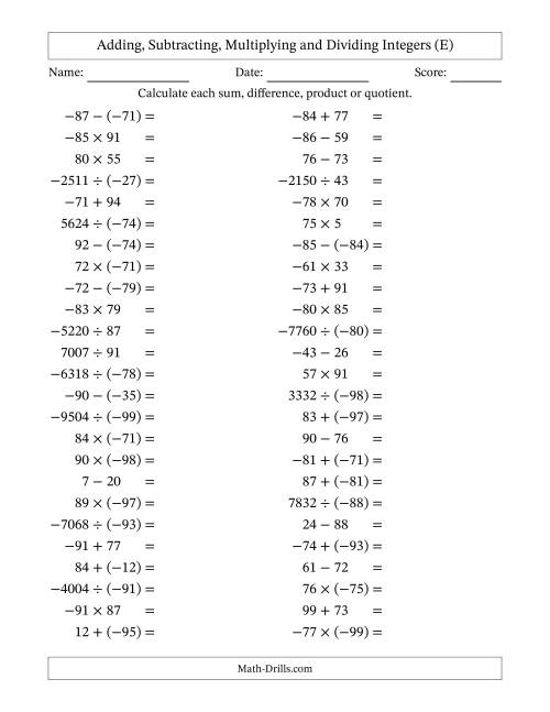 The All Operations with Integers (Range -99 to 99) with Negative Integers in Parentheses (E) Math Worksheet