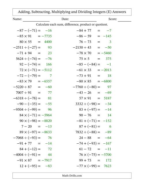 The All Operations with Integers (Range -99 to 99) with Negative Integers in Parentheses (E) Math Worksheet Page 2