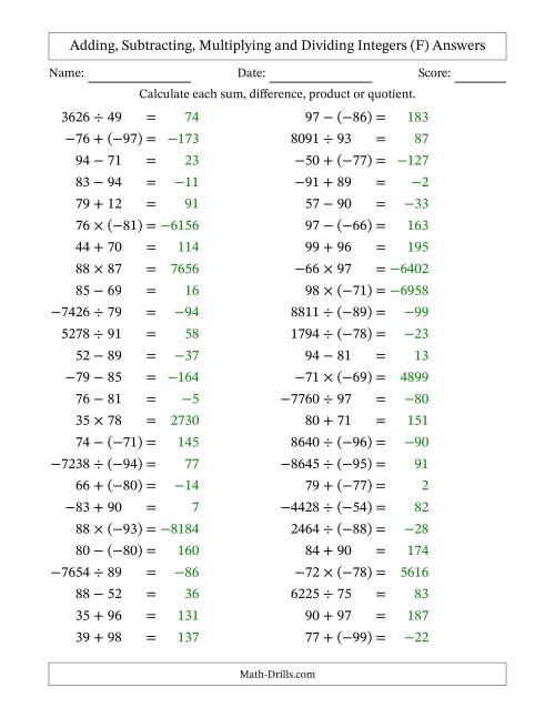 The Adding, Subtracting, Multiplying and Dividing Mixed Integers from -99 to 99 (50 Questions) (F) Math Worksheet Page 2