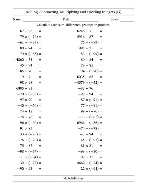 The All Operations with Integers (Range -99 to 99) with Negative Integers in Parentheses (G) Math Worksheet