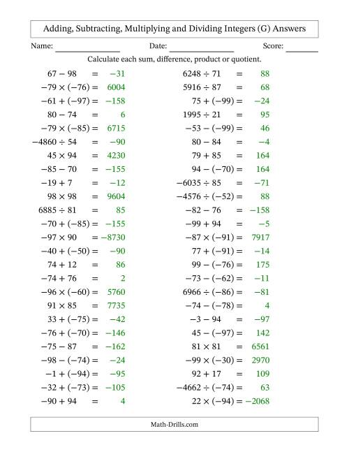 The All Operations with Integers (Range -99 to 99) with Negative Integers in Parentheses (G) Math Worksheet Page 2