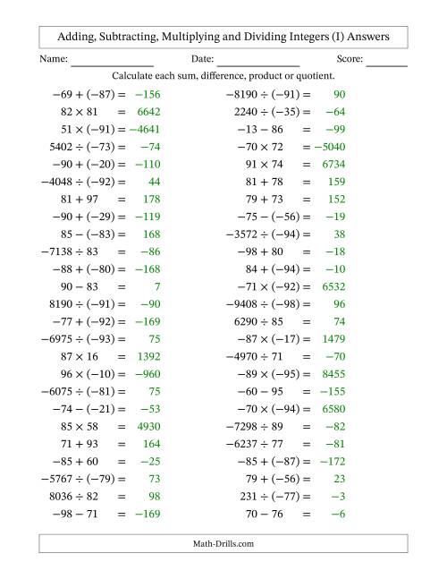 The Adding, Subtracting, Multiplying and Dividing Mixed Integers from -99 to 99 (50 Questions) (I) Math Worksheet Page 2
