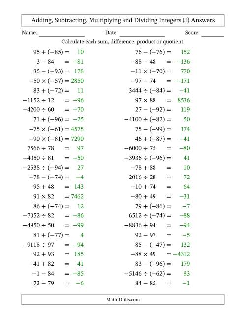 The Adding, Subtracting, Multiplying and Dividing Mixed Integers from -99 to 99 (50 Questions) (J) Math Worksheet Page 2