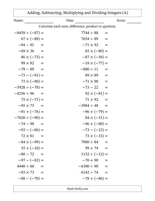 The All Operations with Integers (Range -99 to 99) with Negative Integers in Parentheses (All) Math Worksheet