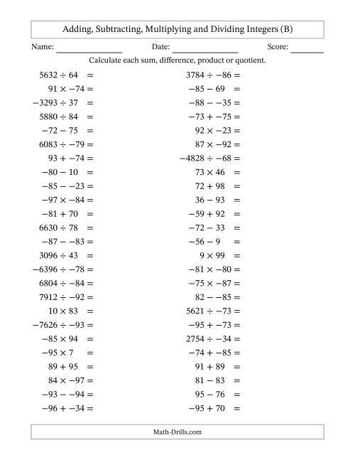 The Adding, Subtracting, Multiplying and Dividing Mixed Integers from -99 to 99 (50 Questions; No Parentheses) (B) Math Worksheet