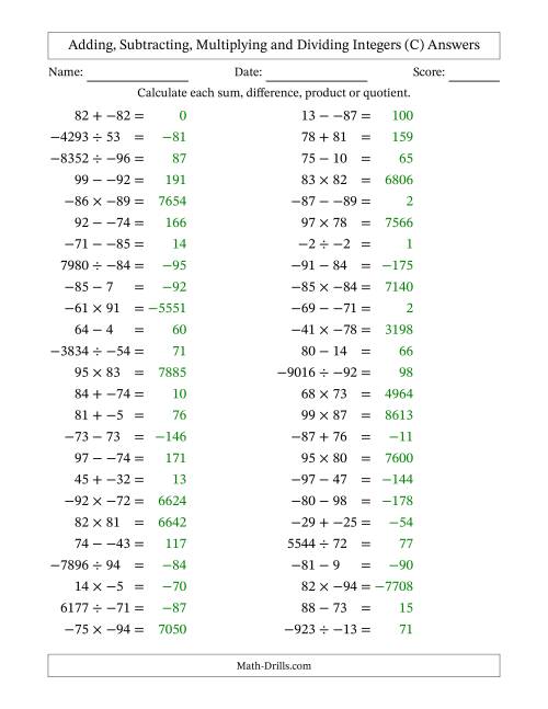 The Adding, Subtracting, Multiplying and Dividing Mixed Integers from -99 to 99 (50 Questions; No Parentheses) (C) Math Worksheet Page 2