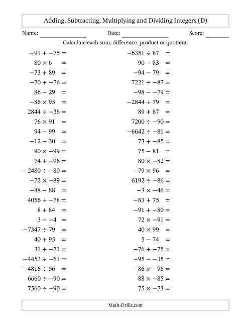The Adding, Subtracting, Multiplying and Dividing Mixed Integers from -99 to 99 (50 Questions; No Parentheses) (D) Math Worksheet