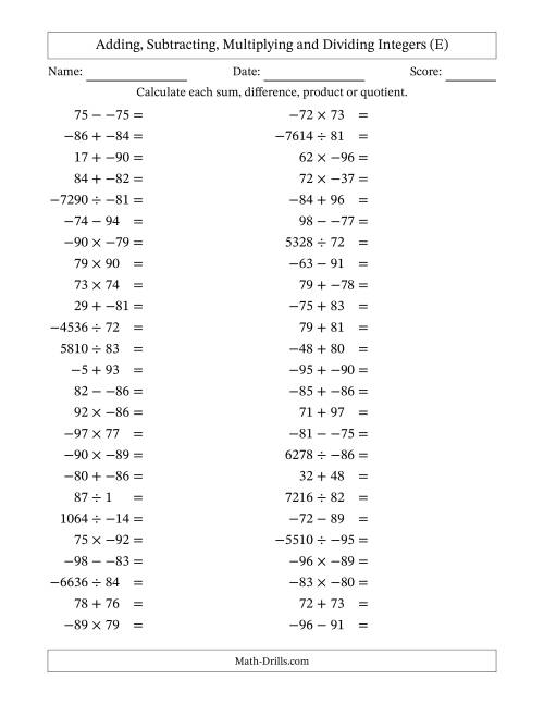 The Adding, Subtracting, Multiplying and Dividing Mixed Integers from -99 to 99 (50 Questions; No Parentheses) (E) Math Worksheet