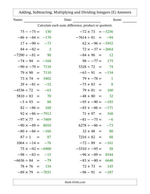 The All Operations with Integers (Range -99 to 99) with No Parentheses (E) Math Worksheet Page 2
