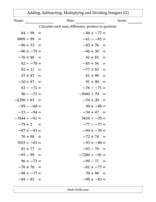 The Adding, Subtracting, Multiplying and Dividing Mixed Integers from -99 to 99 (50 Questions; No Parentheses) (G) Math Worksheet