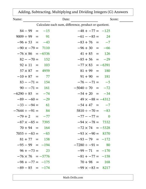The Adding, Subtracting, Multiplying and Dividing Mixed Integers from -99 to 99 (50 Questions; No Parentheses) (G) Math Worksheet Page 2