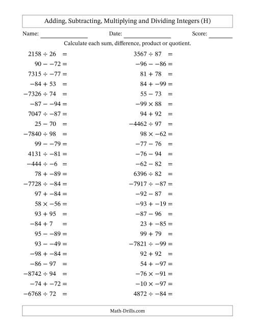 The Adding, Subtracting, Multiplying and Dividing Mixed Integers from -99 to 99 (50 Questions; No Parentheses) (H) Math Worksheet