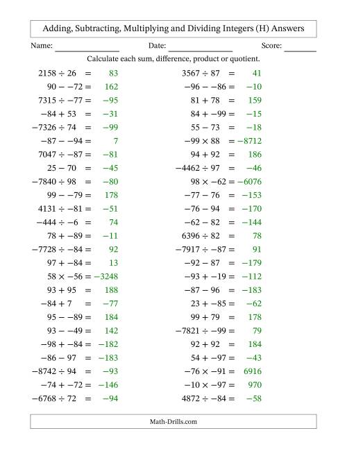 The All Operations with Integers (Range -99 to 99) with No Parentheses (H) Math Worksheet Page 2
