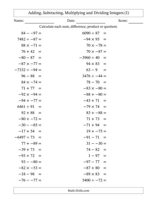 The All Operations with Integers (Range -99 to 99) with No Parentheses (I) Math Worksheet
