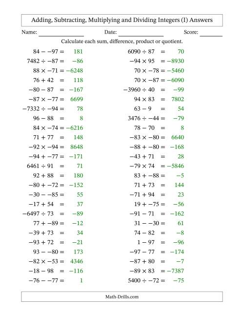 The Adding, Subtracting, Multiplying and Dividing Mixed Integers from -99 to 99 (50 Questions; No Parentheses) (I) Math Worksheet Page 2