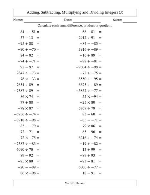 The Adding, Subtracting, Multiplying and Dividing Mixed Integers from -99 to 99 (50 Questions; No Parentheses) (J) Math Worksheet