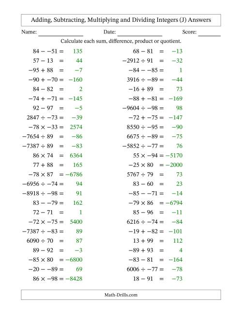 The Adding, Subtracting, Multiplying and Dividing Mixed Integers from -99 to 99 (50 Questions; No Parentheses) (J) Math Worksheet Page 2