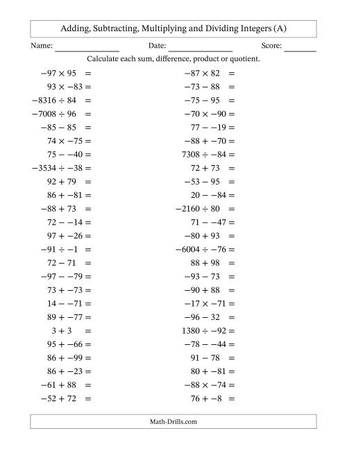 The Adding, Subtracting, Multiplying and Dividing Mixed Integers from -99 to 99 (50 Questions; No Parentheses) (All) Math Worksheet