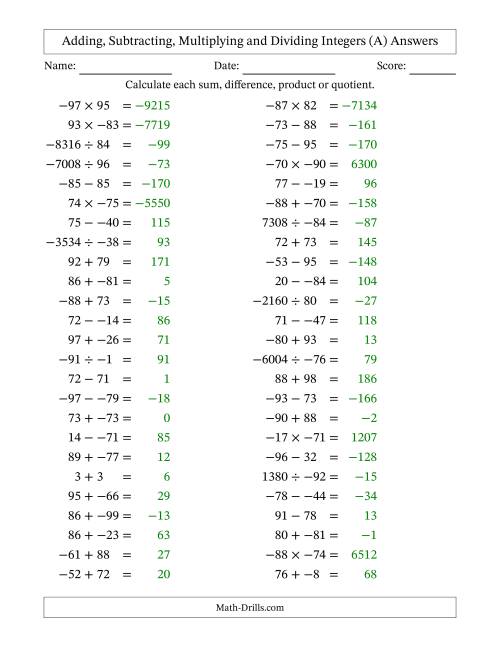 The Adding, Subtracting, Multiplying and Dividing Mixed Integers from -99 to 99 (50 Questions; No Parentheses) (All) Math Worksheet Page 2