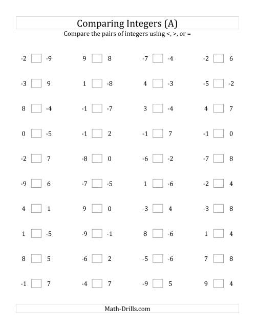 The Comparing Integers from -9 to 9 (A) Math Worksheet