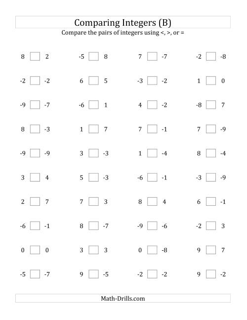 The Comparing Integers from -9 to 9 (B) Math Worksheet