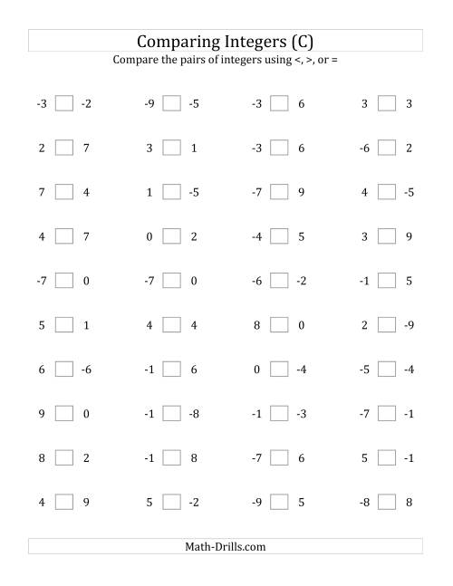 The Comparing Integers from -9 to 9 (C) Math Worksheet