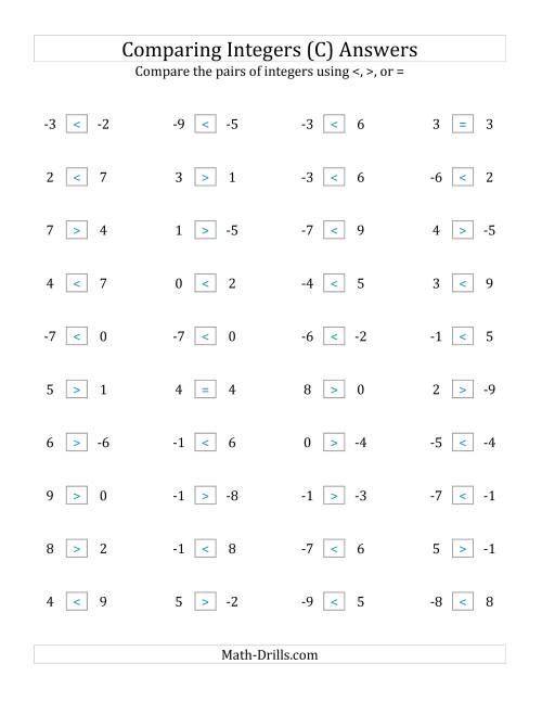 The Comparing Integers from -9 to 9 (C) Math Worksheet Page 2