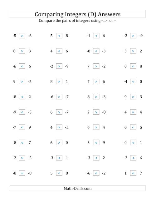 The Comparing Integers from -9 to 9 (D) Math Worksheet Page 2