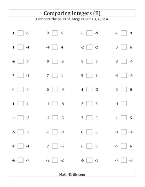 The Comparing Integers from -9 to 9 (E) Math Worksheet