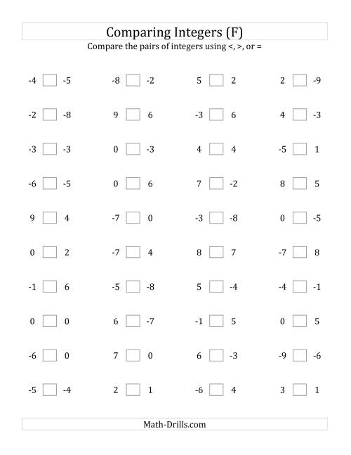 The Comparing Integers from -9 to 9 (F) Math Worksheet