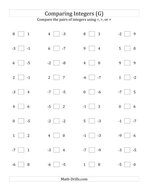 The Comparing Integers from -9 to 9 (G) Math Worksheet