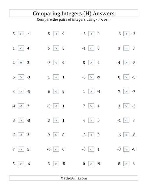The Comparing Integers from -9 to 9 (H) Math Worksheet Page 2