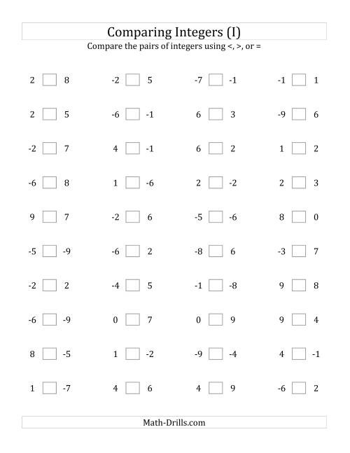 The Comparing Integers from -9 to 9 (I) Math Worksheet