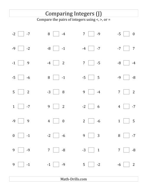 The Comparing Integers from -9 to 9 (J) Math Worksheet
