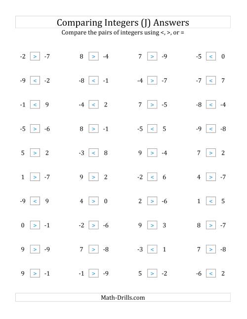 The Comparing Integers from -9 to 9 (J) Math Worksheet Page 2