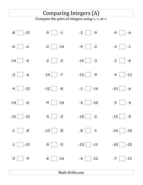 The Comparing Negative Integers from -15 to -1 (A) Math Worksheet