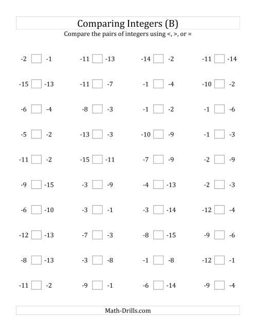 The Comparing Negative Integers from -15 to -1 (B) Math Worksheet