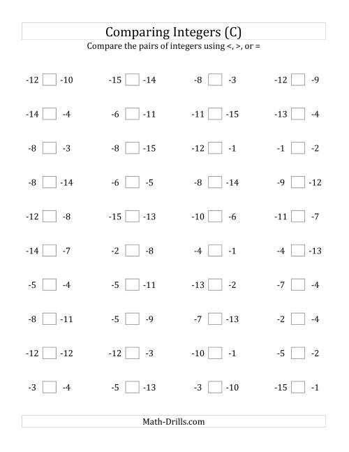 The Comparing Negative Integers from -15 to -1 (C) Math Worksheet