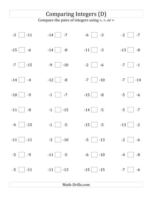 The Comparing Negative Integers from -15 to -1 (D) Math Worksheet