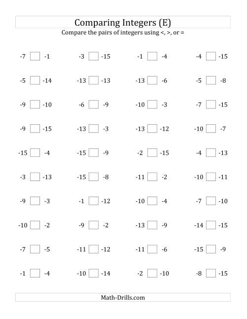 The Comparing Negative Integers from -15 to -1 (E) Math Worksheet