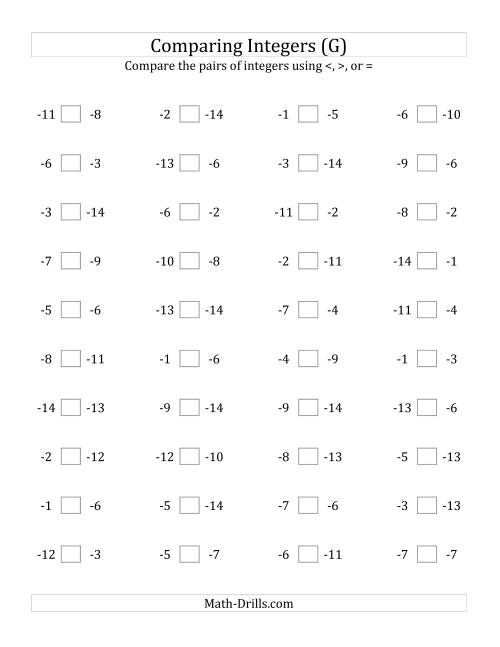 The Comparing Negative Integers from -15 to -1 (G) Math Worksheet