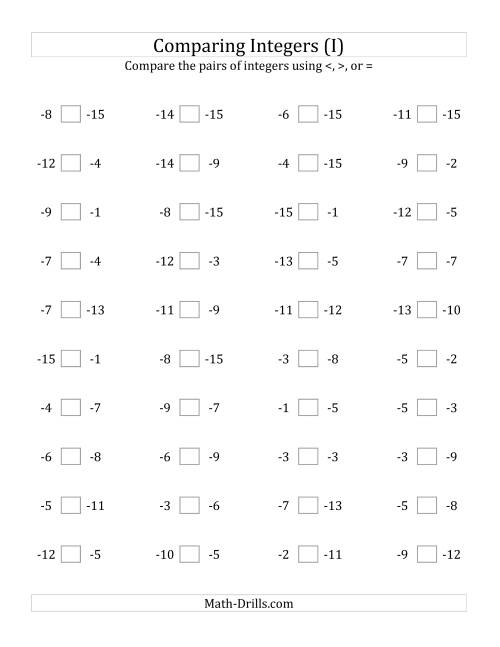 The Comparing Negative Integers from -15 to -1 (I) Math Worksheet