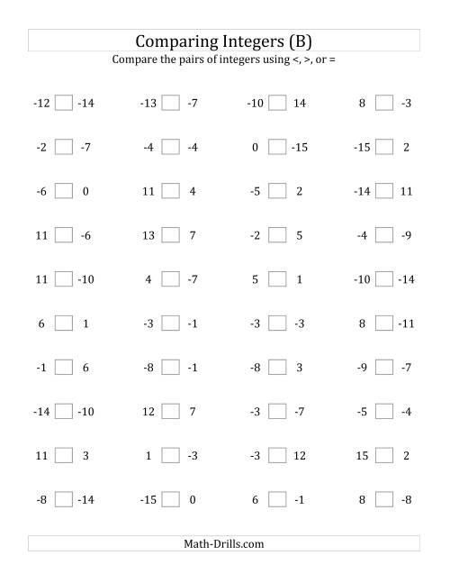 The Comparing Integers from -15 to 15 (B) Math Worksheet