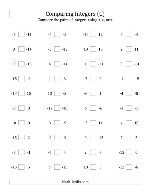 The Comparing Integers from -15 to 15 (C) Math Worksheet