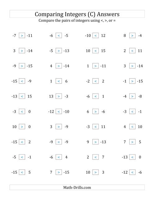 The Comparing Integers from -15 to 15 (C) Math Worksheet Page 2