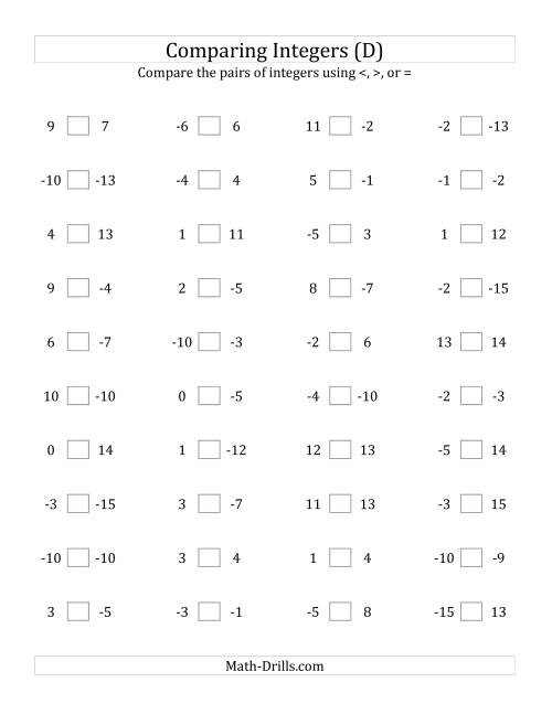 The Comparing Integers from -15 to 15 (D) Math Worksheet