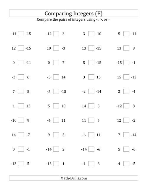 The Comparing Integers from -15 to 15 (E) Math Worksheet